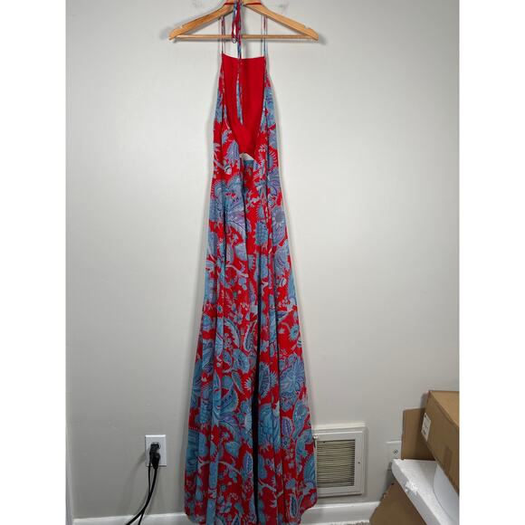 ASOS Paisley Cut Out Maxi Dress Halter Womens Size 4 Red Blue Flowy Resort - Picture 5 of 10